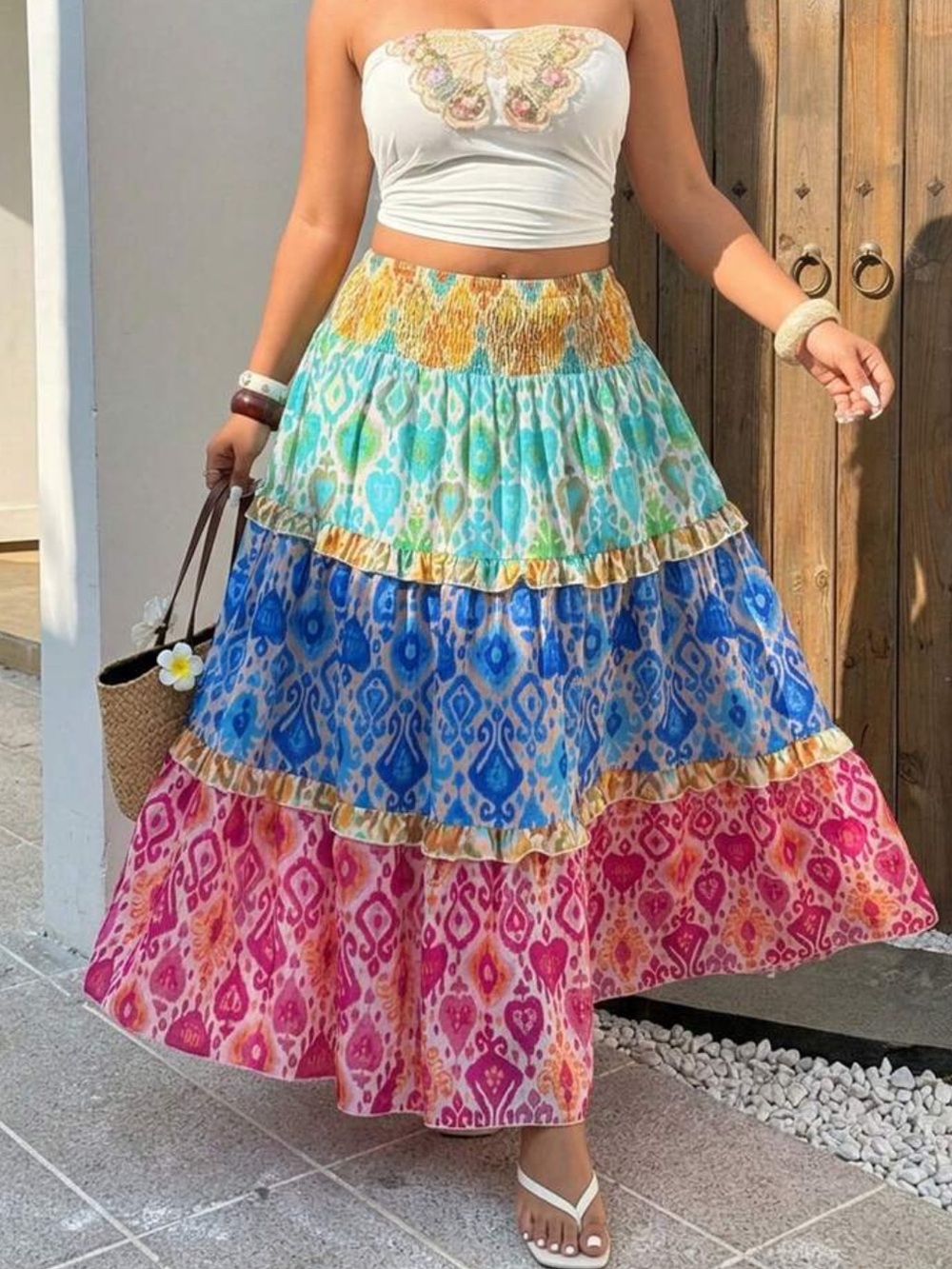 Plus Size Boho Floral Print Tiered Maxi Skirt